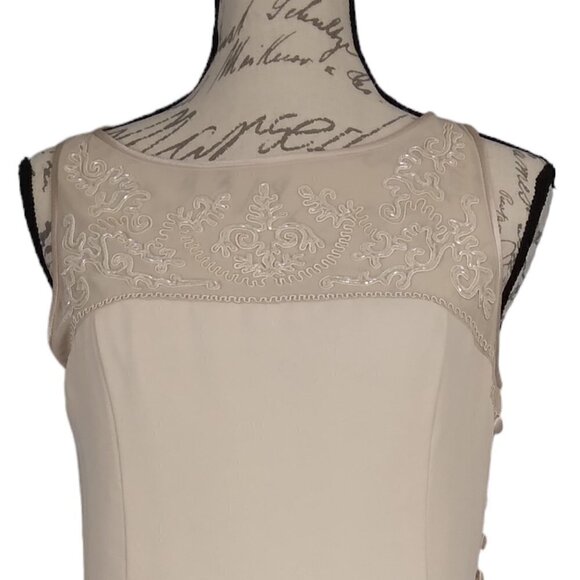 Donna Morgan | Beaded Embroidered Sheer Crepe Sheath Dress Beige  |  Size 10 - Picture 2 of 10